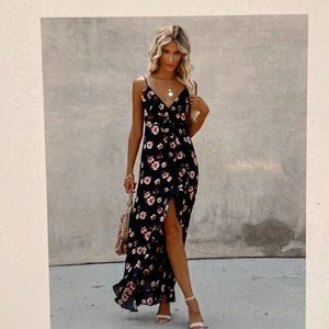 Honey tree satin floral ruffle maxi dress - small